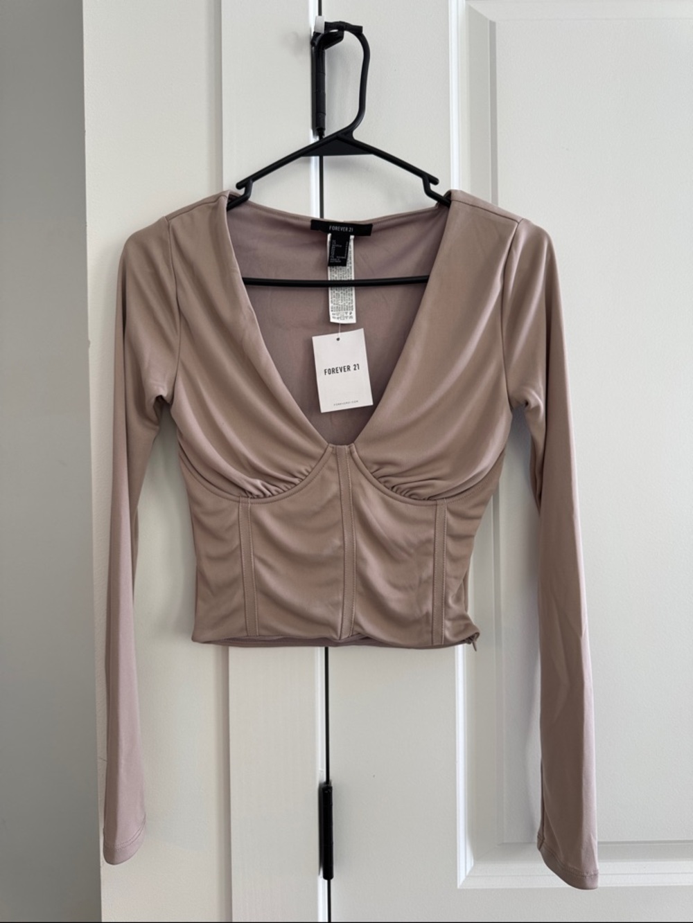 Forever 21 Tan V-Neck Long Sleeve Crop Top